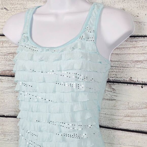 Free Kisses Aqua Blue Ruffle Sequin Tank Top Size S Made in USA - Picture 3 of 7